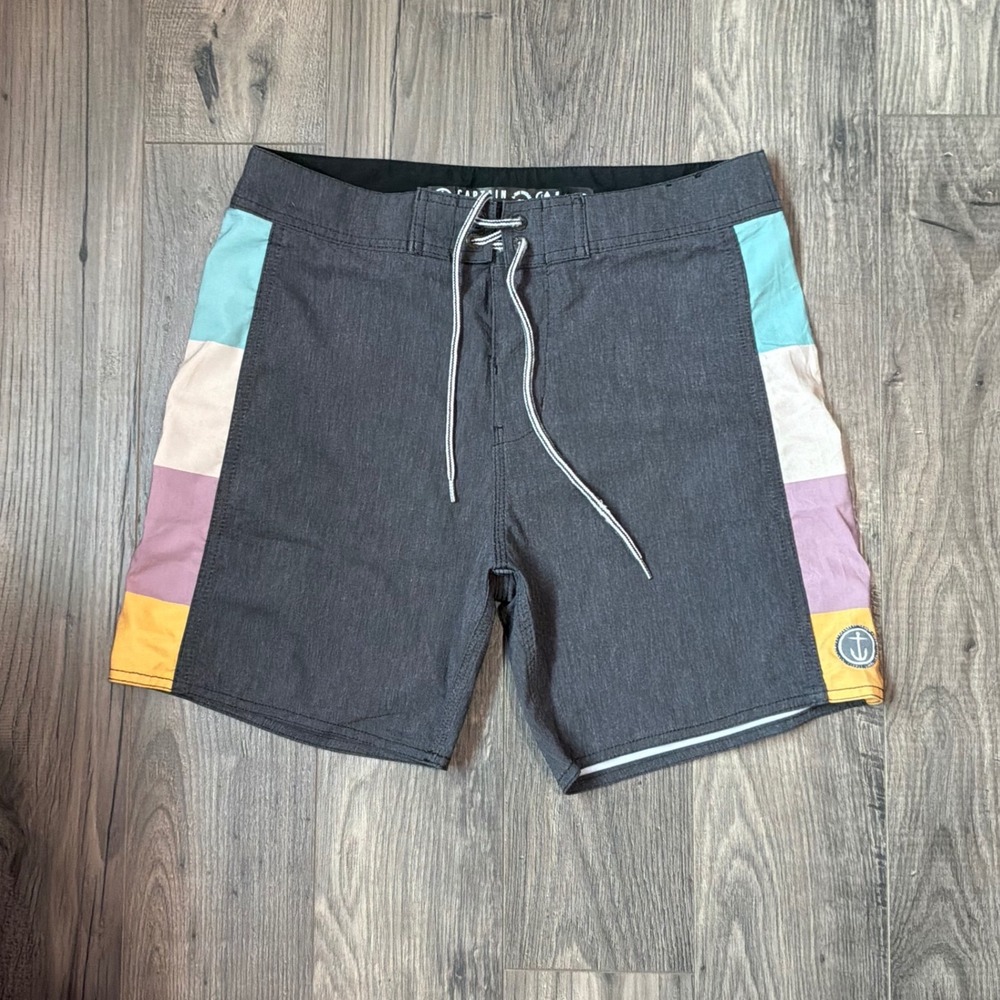 Captain Fin Mens Board Shorts Size 28 Grey Multi Color Stripe 4-Way Stretch Surf